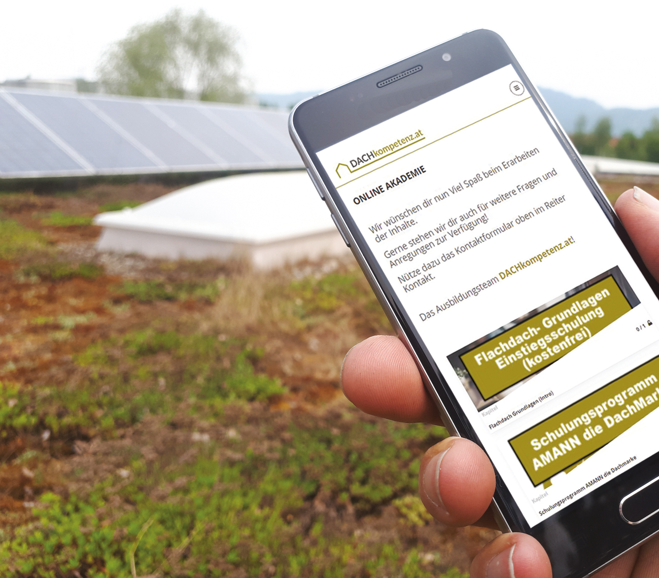 Smartphone mit offener Online Akademie Website, begrüntes Flachdach im Hintergrund
