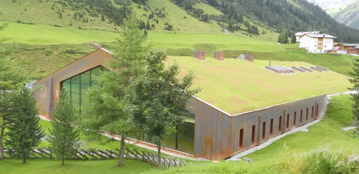 Haus mit begrünten Steildach und großer Fensterfront, umgeben von Wiese und Bäumen.
